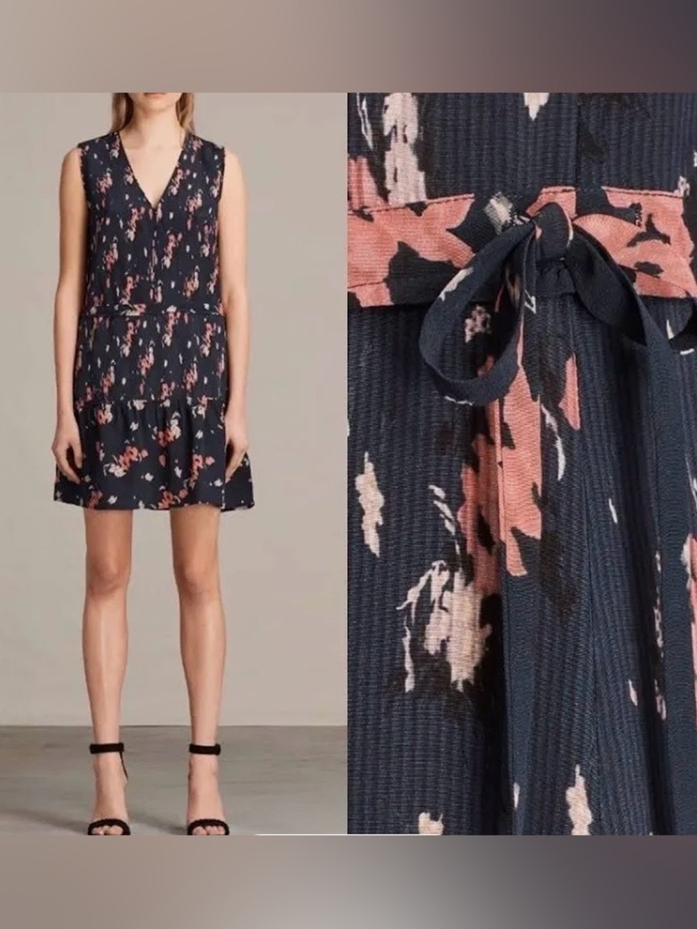 AllSaints 100% Silk Lina Kirsch Navy Floral Sleeveless Mini Dress Size 4 Small